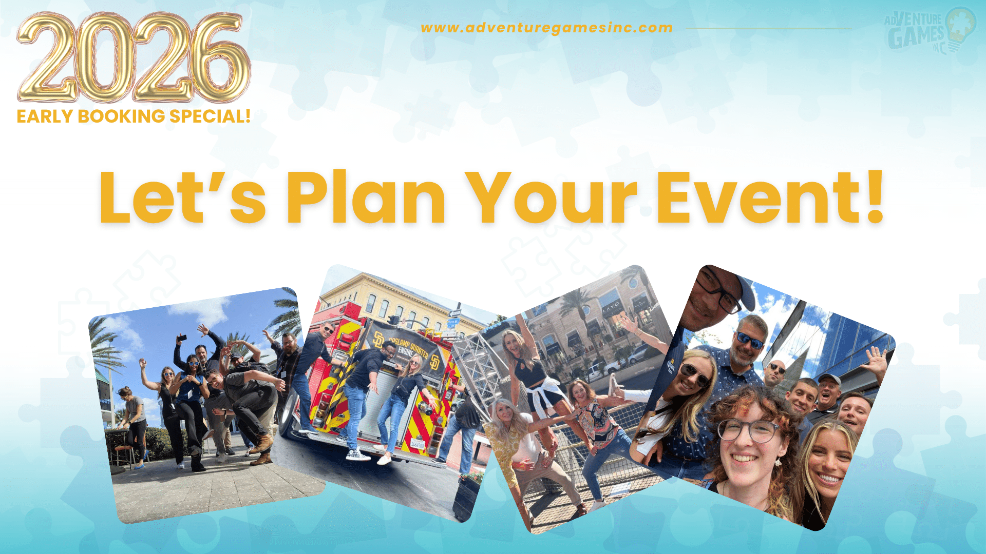 Adventure Games Inc. promotional banner with the text “Let’s Plan Your Event!” featuring photos of teams enjoying outdoor challenges, group activities, and celebrating together during past events.