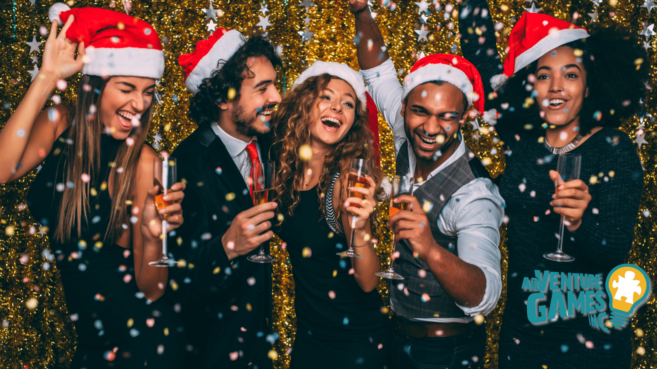 A group of five friends wearing Santa hats and holding champagne glasses while celebrating at a festive holiday party with confetti and a gold glitter backdrop, with the Adventure Games Inc. logo in the bottom right corner.