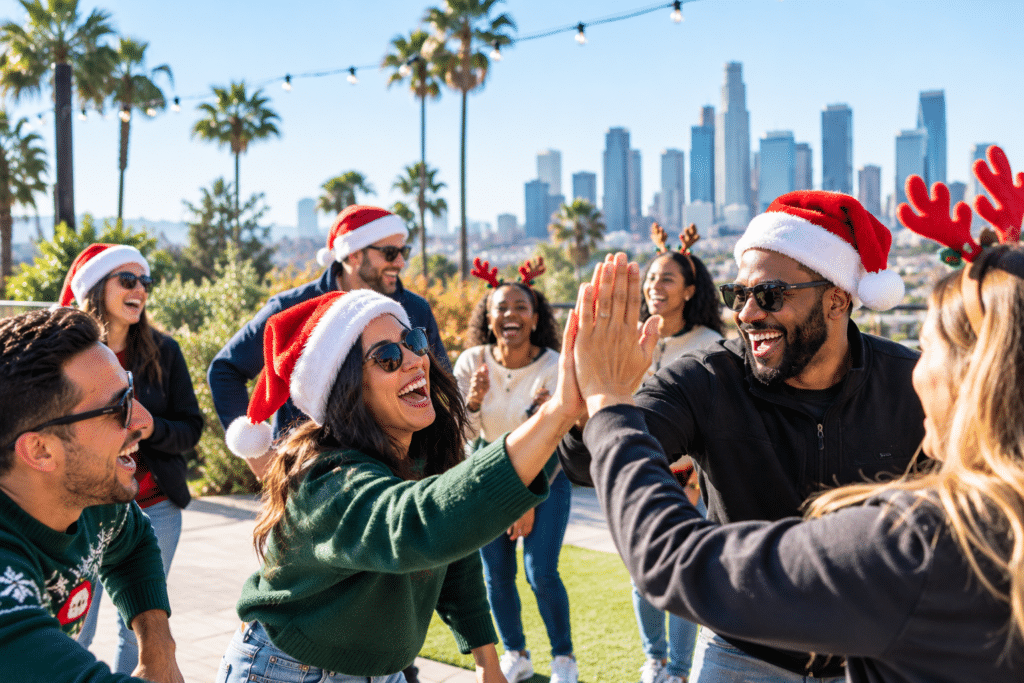 Company laughing outside during their LA holiday team building event.